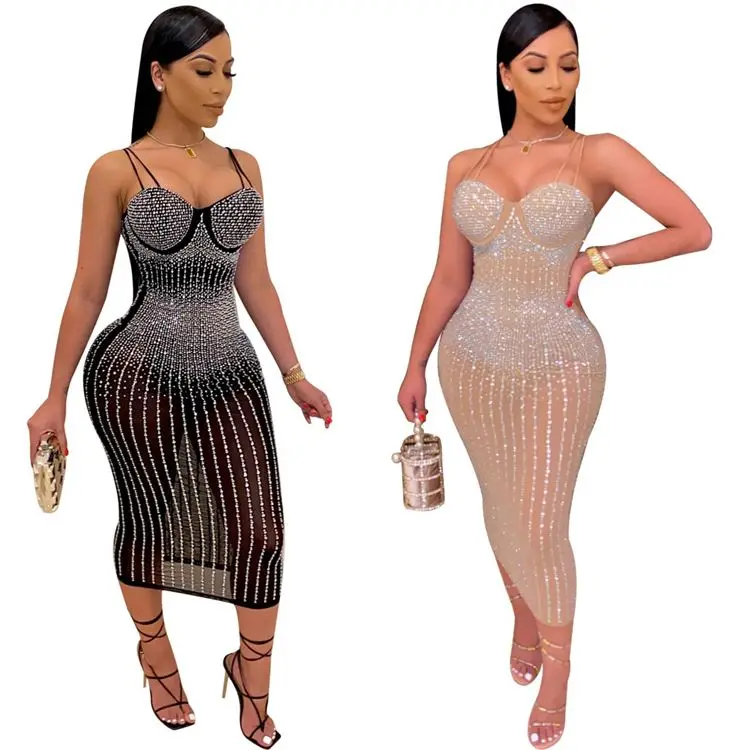 Hot Sale Autumn Mesh Rhinestone Casual Woman Midi Dress Fashion Trend Ladies Fall Night Club Womens Sexy Dresses