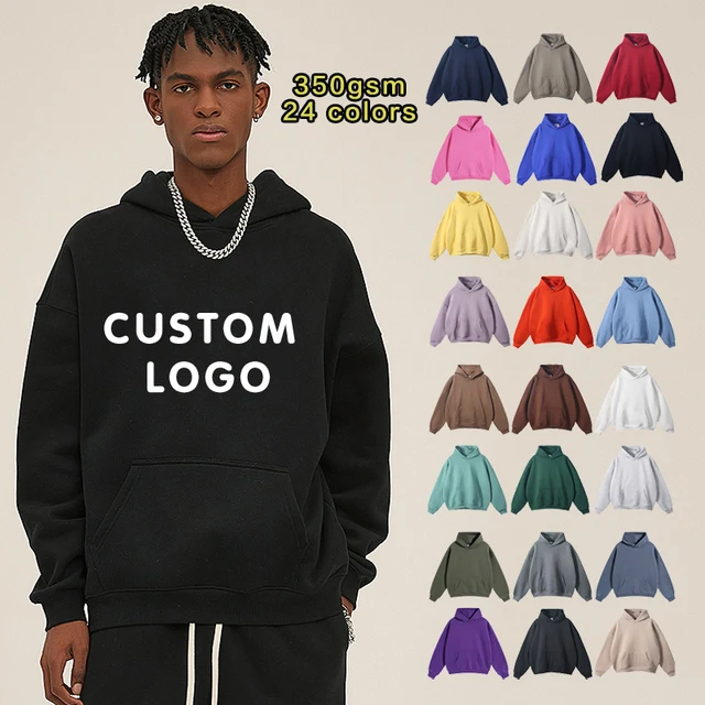 High Quality 350 GSM Cotton  Blank Plain Heavyweight Oversized Hoodies No String Unisex Custom Logo puff printing hoodie