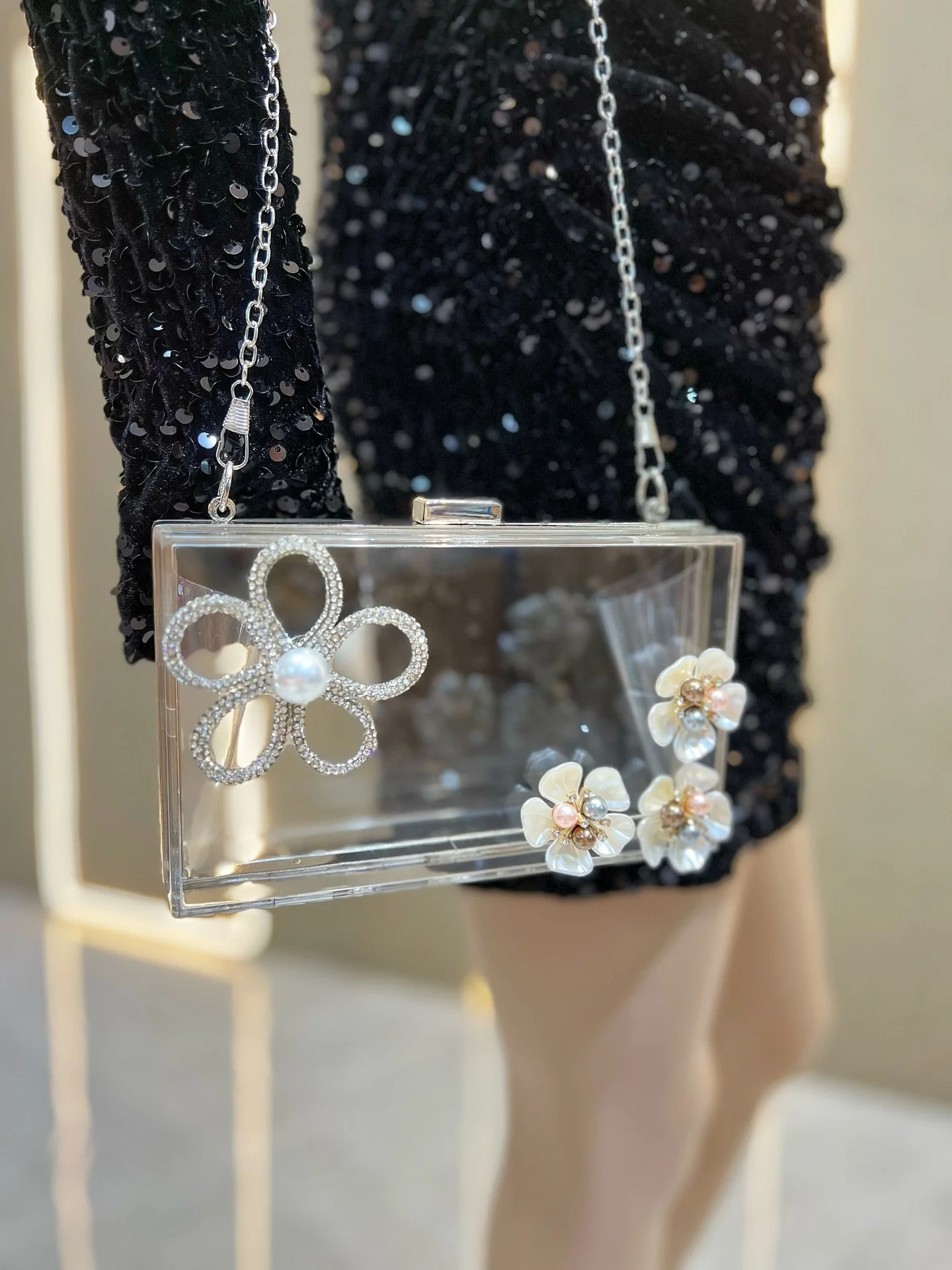 Vintage Rhinestone Acrylic Evening Clutch - Clear Purse