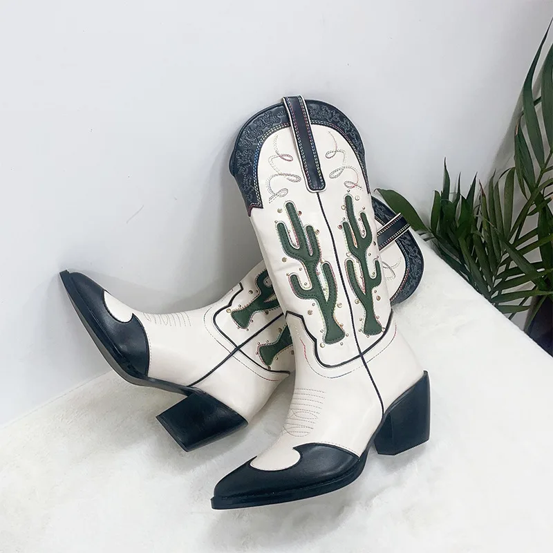 Hot Selling Chunky Heel Knee High Boots Ladies Pointed Toe Embroidery Cactus Women Western Cowboy Boots - Image 1