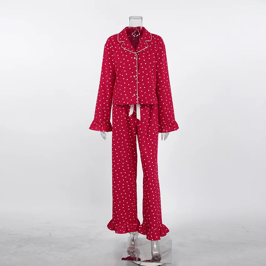 Women's printed breathable comfortable soft long-sleeve pajama  with long pants, suitable for both home and outdoor wear. — detail