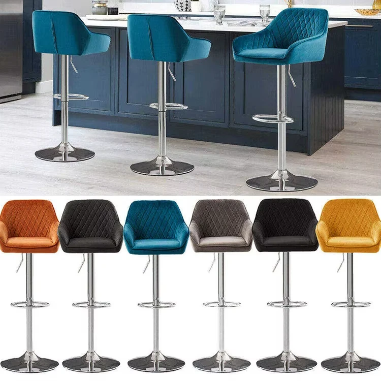 STA-02 Customized Color Bar Stools Adjustable Metal Velvet Backrest Luxury Kitchen Fabric Swivel Bar Chairs