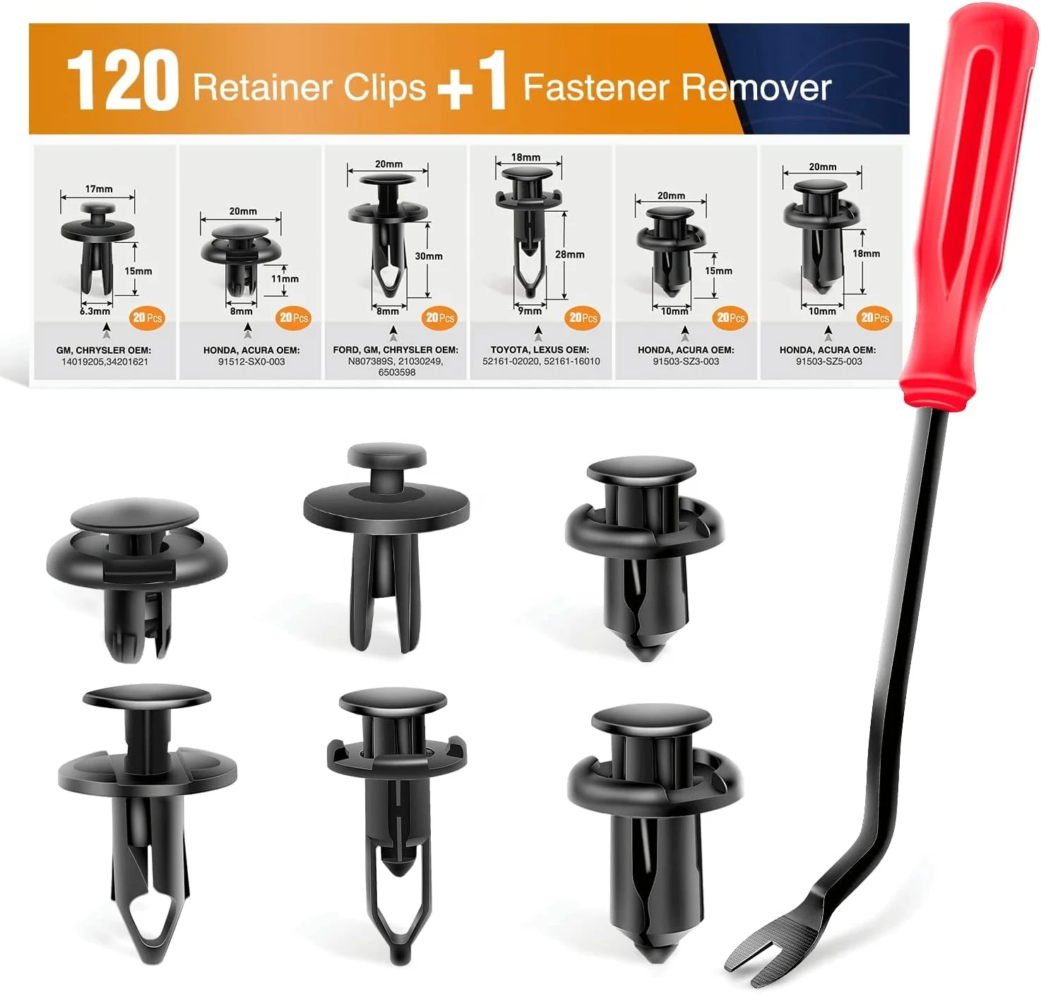 Kit di 120 Pezzi per Sostituzione Clip di Fissaggio Auto 6.3mm 8mm 9mm 10mm, Viti di Espansione, Rivetti a Pressione per Paraurti, 1 Pezzo Estrattore di Fissaggi