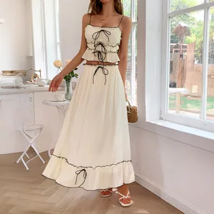 Women's Summer 2 Piece Skirt Sets Casual Spaghetti Straps Cropped Cami Ruffle Maxi Skirt Flowy Beach Outfit