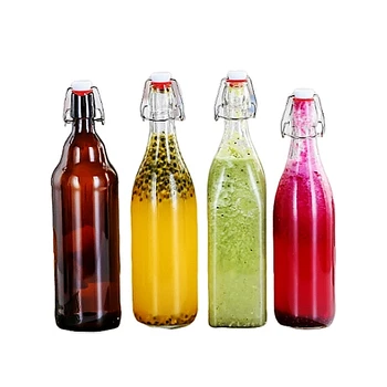 Transparent soft drinking glass water bottle with clip clamp lid / special style hermetic 1000ml swing top beverage container