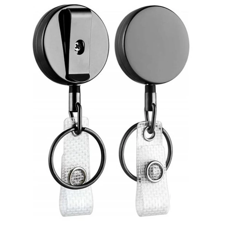 Heavy Duty Badge Reel with Metal Cord and Belt Clip - All  Metal Retractable ID Holder with Steel Wire Cable - Industrial Black &  Chrome Finish - Key, Name Card