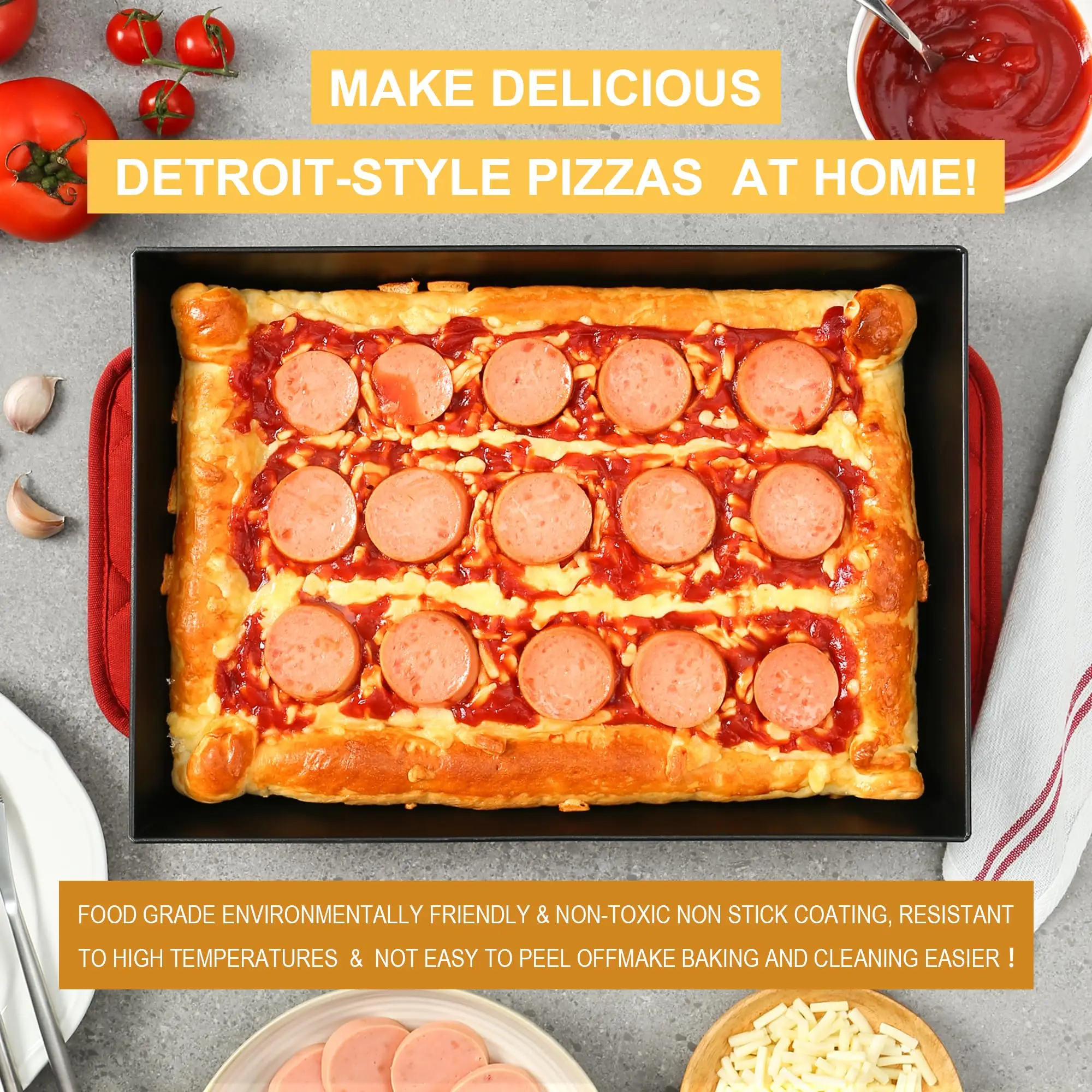 Black Hard Rectangular Deep Dish Pre Seasoned Bakeware Kitchenware Detroit Style Carbon Steel Non Stick Pizza Pan