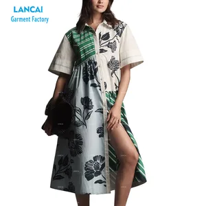 High Quality Casual Cotton Dress Mixed-Print Buttondown Collared Neckline Short Sleeves Midi Length Button Front Cinched Detail