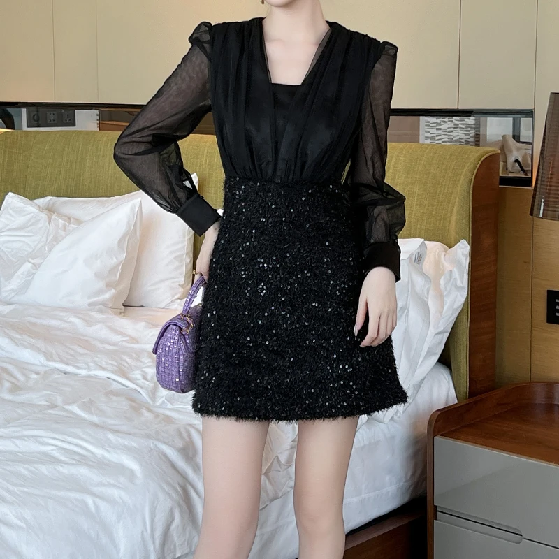 ZYHT 9915 Spring Autumn Woolen Dress Western Style Sequined Fur New Elegant Puff Sleeve Black Cocktail Party Dresses