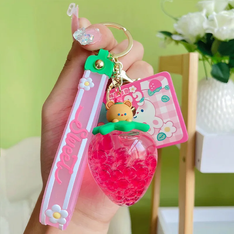 Creative Cute Pink Strawberry Bottle Key Chain Keyring Pendant Acrylic