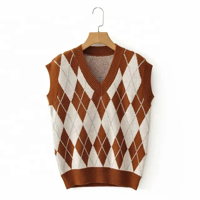 fashion plaid knitted oversized sweater vest