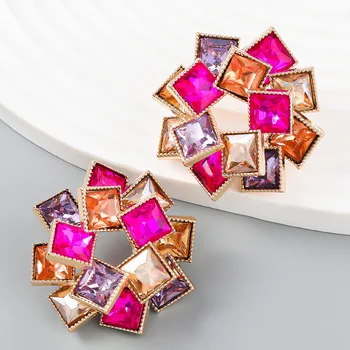 Fashion color drill multi-layer square diamond windmill shaped alloy studded female stud earrings for woman