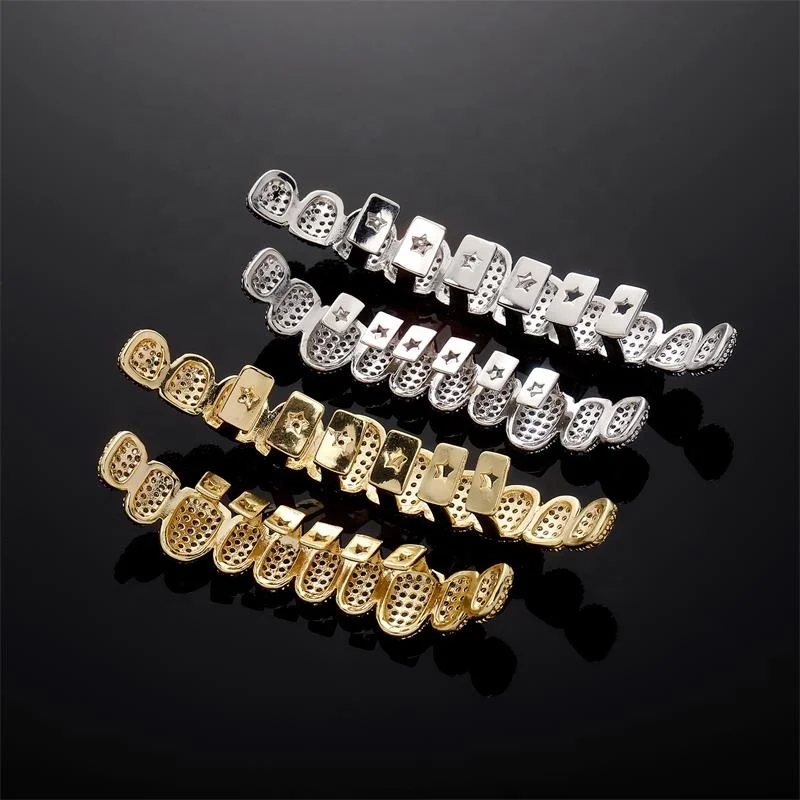 Gold 2024 Factory New Brass Zircon Body Jewelry Geometric 14K Real Gold  Brass and Zircon Hip Hop Iced Out Ten Teeth Grillz