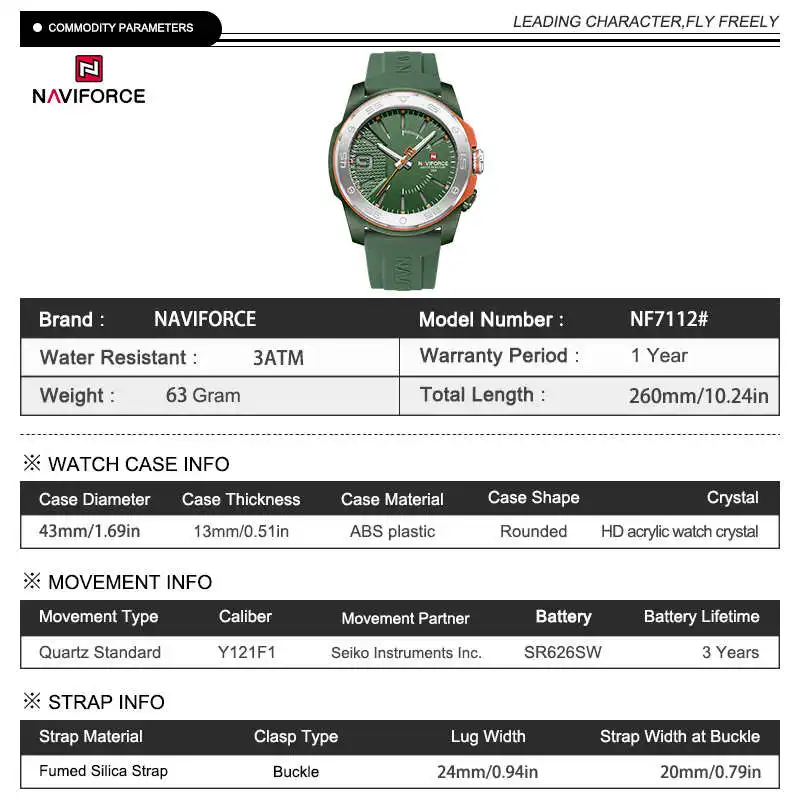 NAVIFORCE NF7112 Original Quartz Watch for Men Simple Silicone Strap 3Bar Waterproof Luminous Watches