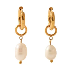 MW 18k Gold Plated Stainless Steel Party Pear Charm Earrings Jewelry Freshwater Pearl Pendant Huggie Earrings for Women