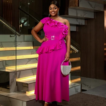 AM041037 Casual One Shoulder Ruffles Belted a Line Rose Maxi Plus Size Women's Dress for Birthday Party