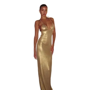 New Women's Halter Neck Gold Stamping Material Sexy Party V-Neck Backless Bow Hot Girl Maxi Bodycon Empire Waist Nightclub Dress