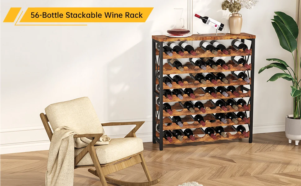 product 56 bottle wine rack freestanding floor wooden wine storage shelf stackable wine rack with tabletop for living roomkitchen-4