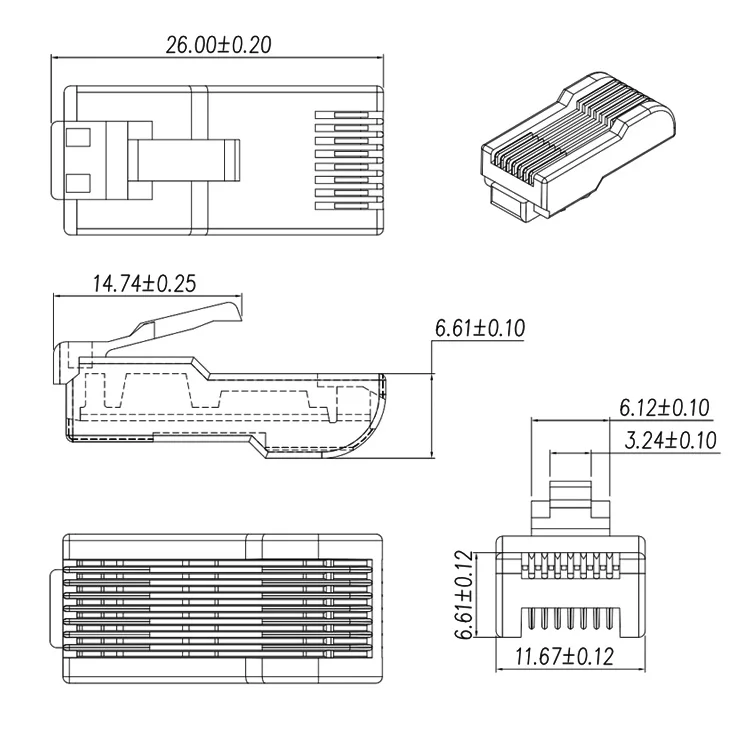 Rj45 Modular Plug Connector Male Transparent L = 26mm For Inverter Operation Panel Rj45 Boardto
