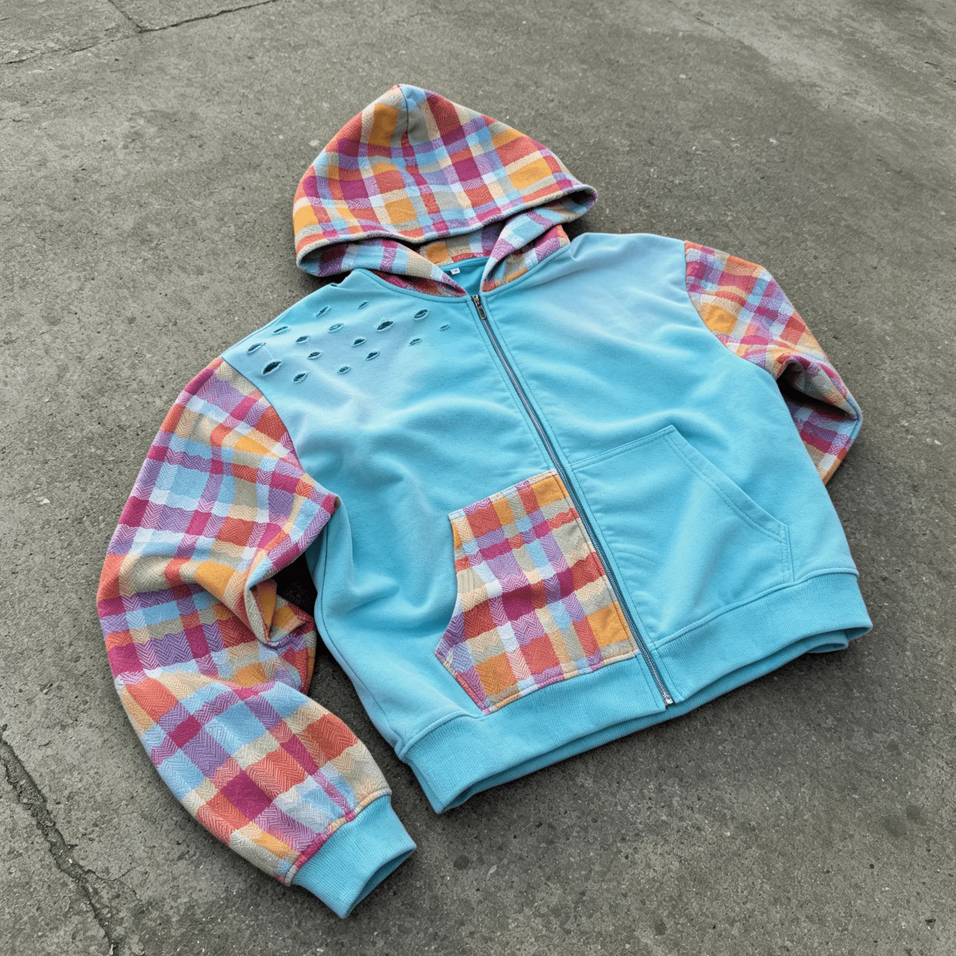 Custom Distressed Plaid Patchwork Zip Up Hoodie Vintage Oversized Faded Blank Sweatshirt Blank Men Streetwear Hoodies gallery 2