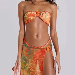 Custom New Sexy Print Ring 3 Piece Bikini Beachwear With Skirt Sarong Cover up Bandeau Strapless Swimsuit Women Thong Swimwear