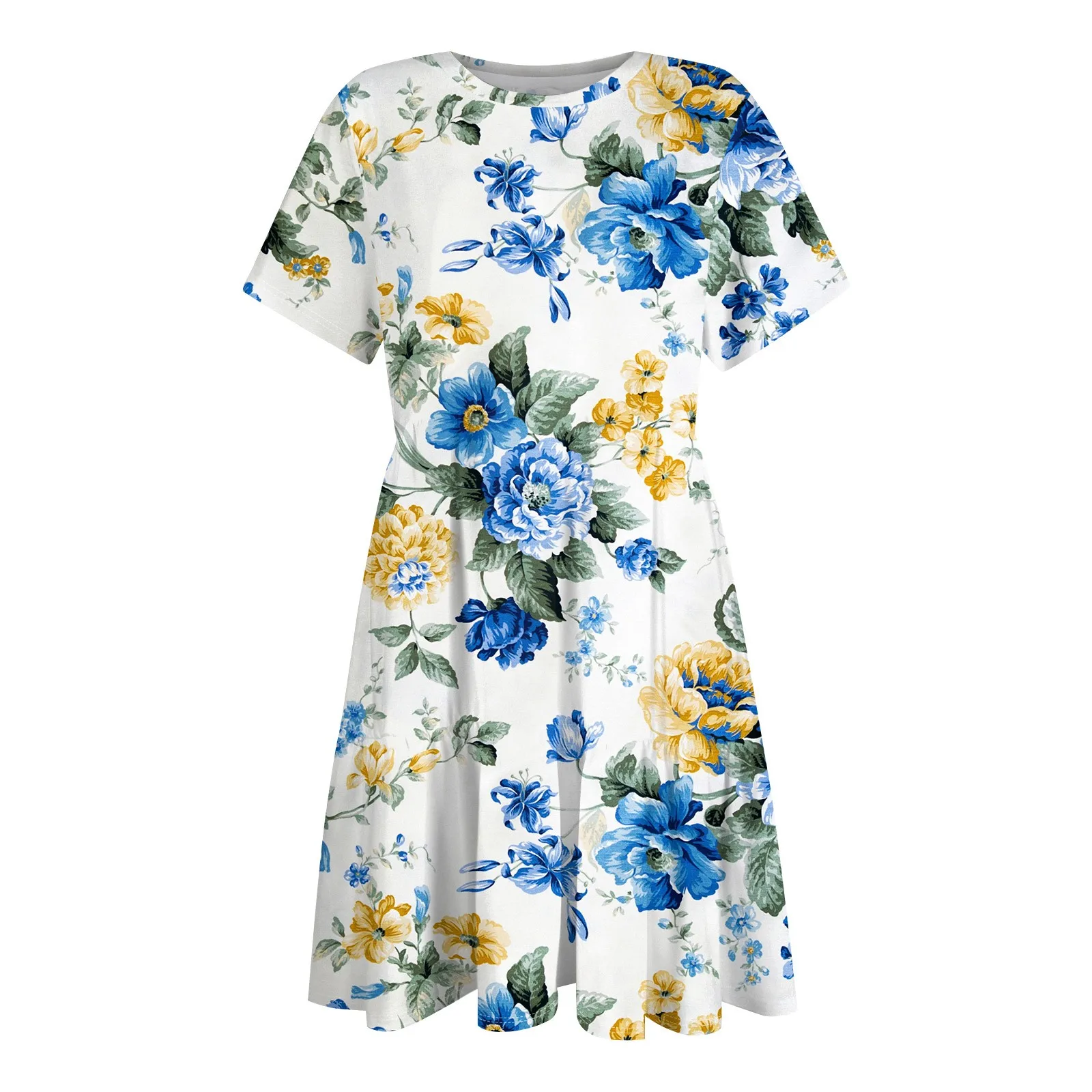 Elegant Ladies' Casual Dresses Short Sleeve Floral Print Summer O-Neck Knit Loose Silhouette Dress for women