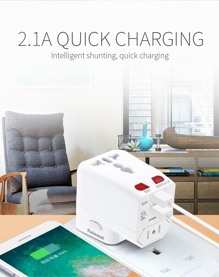 适用于Wonplug国际旅行适配器2 USB电源插头电源插座通用USB电源充电器转换器方便