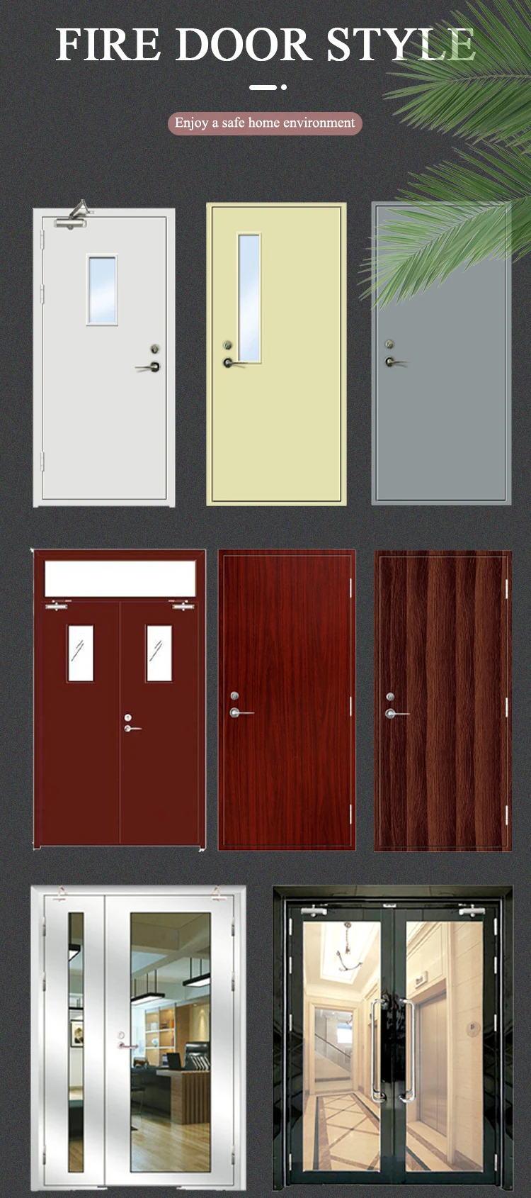 Modern 1-2 Hour Fireproof Interior Door with Steel Frame Security Swing WPC PVC Glass Solid Wood Door Finished Surface details