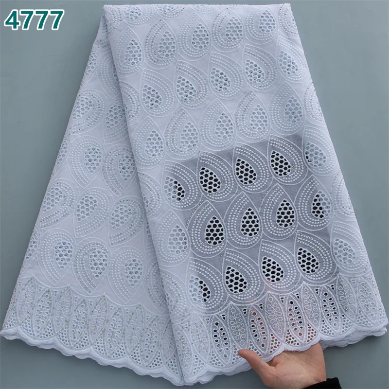 High Quality Pure White African Cotton Lace Fabric with Rhinestones 5 Yards  Wholesale Swiss Voile Lace for Women Dresses 4777