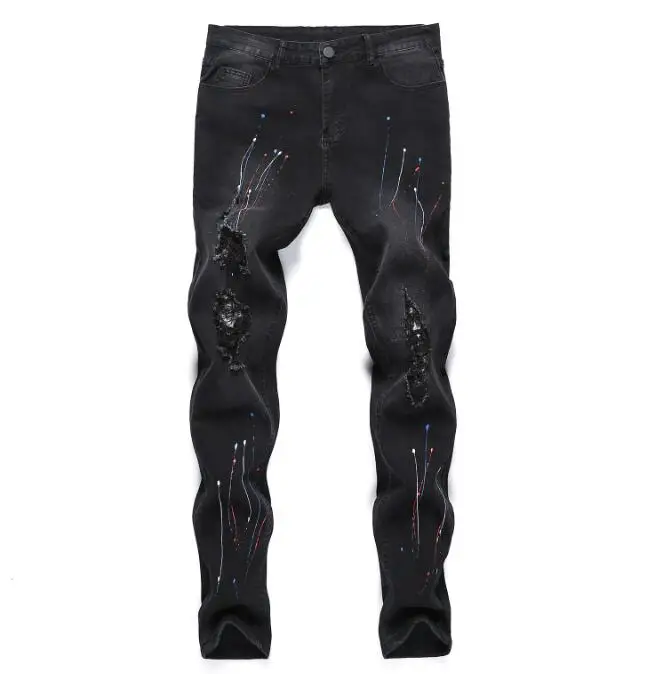 Men's distressed printed jeans hip hop streetwear spray paint denim pant stretch small leg jeans