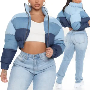 Factory High Quality Denim Jean Cotton Splicing Cropped Puffer Jacket Women Custom Thick Y2K Streetwear Down Coat