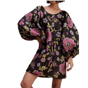 Women's Custom Embroidered Mini A-line Bubble Sleeve Loose Fit Floral 100% Polyester Evening Party Dress
