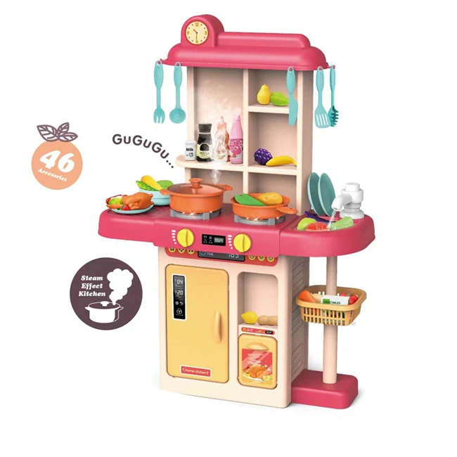 Children's Small Plastic Cooking Table with Music and Lighting Puzzle Kitchen Food Toys with 46 Accessories