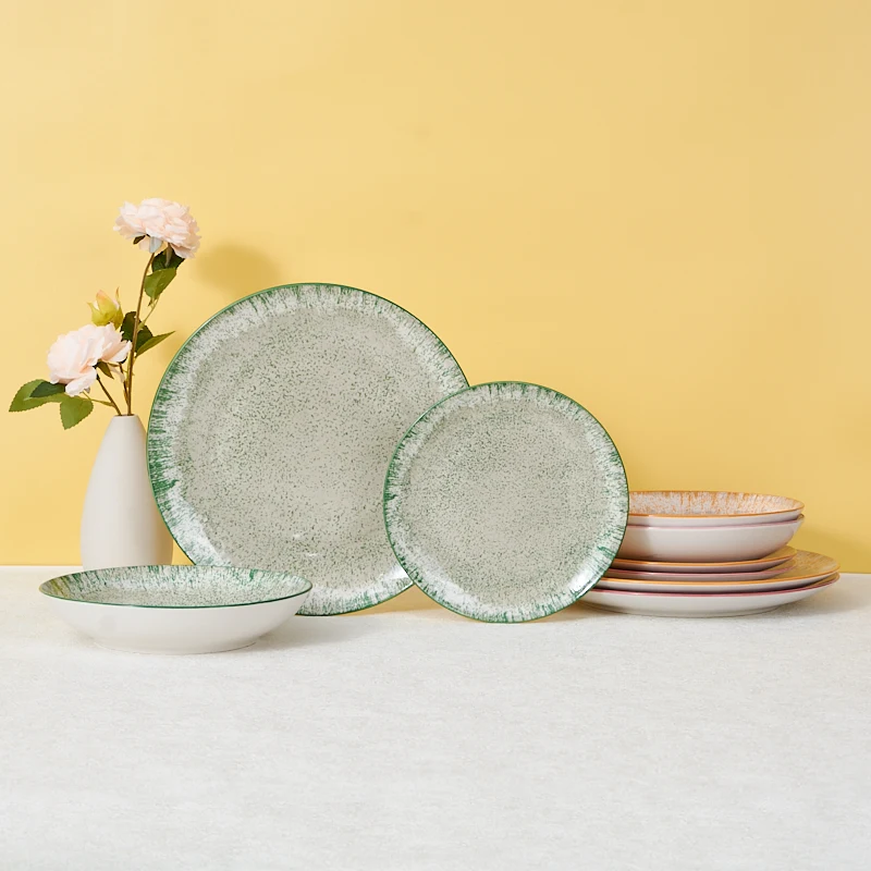 Green and White Vintage Nordic Ceramic Dinnerware Set with Fruit Plate Sublimation Dishware Featuring Coloured Trim