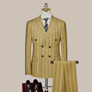 2026 New Men's 2 Pieces Yellow Striped Slim Peaked Lapel High Quality Casual Double Breasted Double Vents Suit for Men