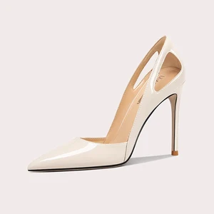 Women's High Heel Shoes with Contrasting Color Sole Simple Slim Heel Glossy Finish Shallow Mouth Pointed Toe Slip-On Closure