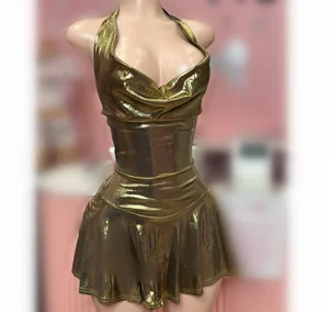 Viviblook D24DS675 Women Metallic Color Fashion Tight Pleated Short Sexy Strap Mini Dress Evening Party Dress