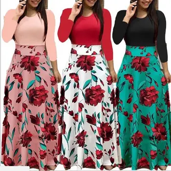 Wholesale Women's Fashion Long Sleeve O-Neck Floral Printed Maxi Dress Europe Style Stretch Patchwork Plus Size Dress