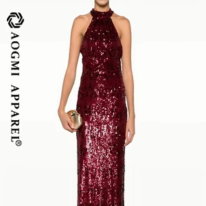 Haute Couture Fashion Ladies Halter Neck Sequins Solid Color Back Hollow Sleeveless Eco-Friendly Chiffon Floor-Length Dress