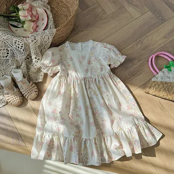 French gentle floral square collar girl dress 2024 Summer ruffled short sleeves children's cake dress