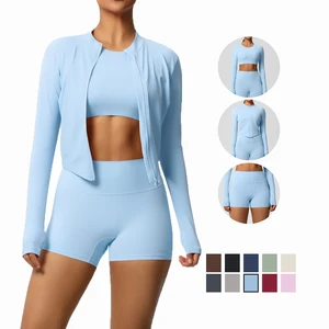 New Women's Sportswear Set Long Sleeve Yoga Zipper Cardigan Shorts Fitness Yoga Clothing 3 Piece Set
