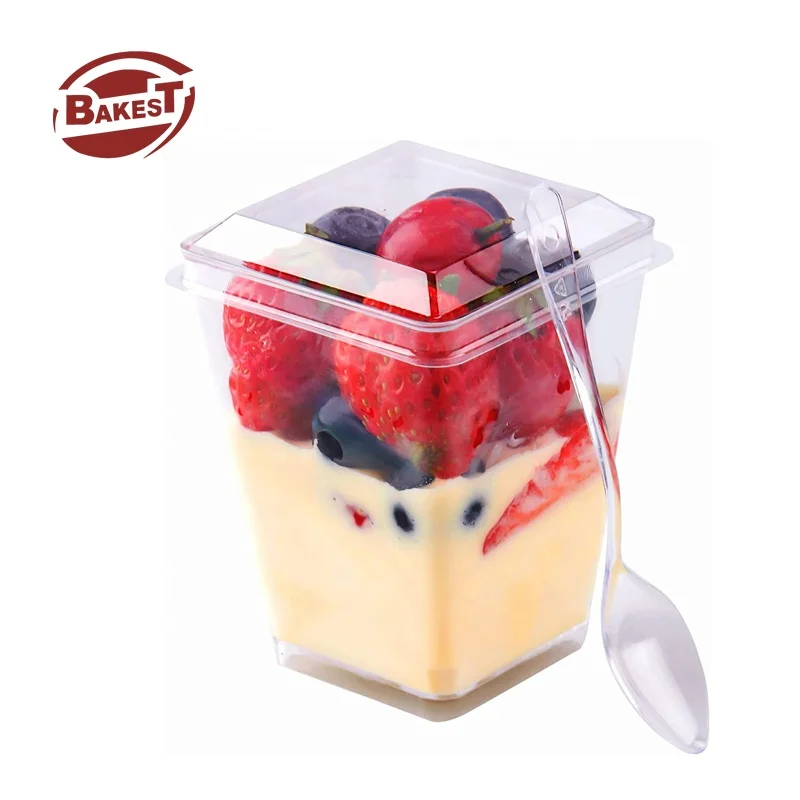 Bakest Wholesale Transparent Square Shaped Mousse Cup Double Skin Plastic Dessert Cup for Ice Cream Beer Juice and Beverages