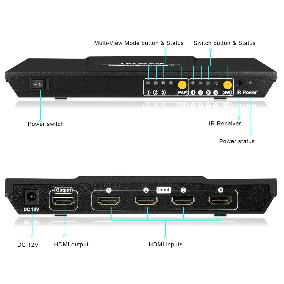 HDMI 4x1 Quad Multiviewer 1080P 4 Port HDMI Switch with Remote and Quad Screen View Function