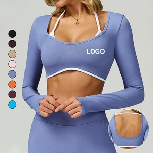 Women Double Layer Halter Adjustable Spaghetti Strap Long Sleeve Seamless Yoga Crop Top Gym Running Pilates Activewear