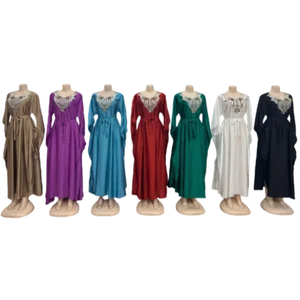 Wholesale New Elegant Women Muslim Robe Embroidered Lace-up Long Sleeve Casual Dress