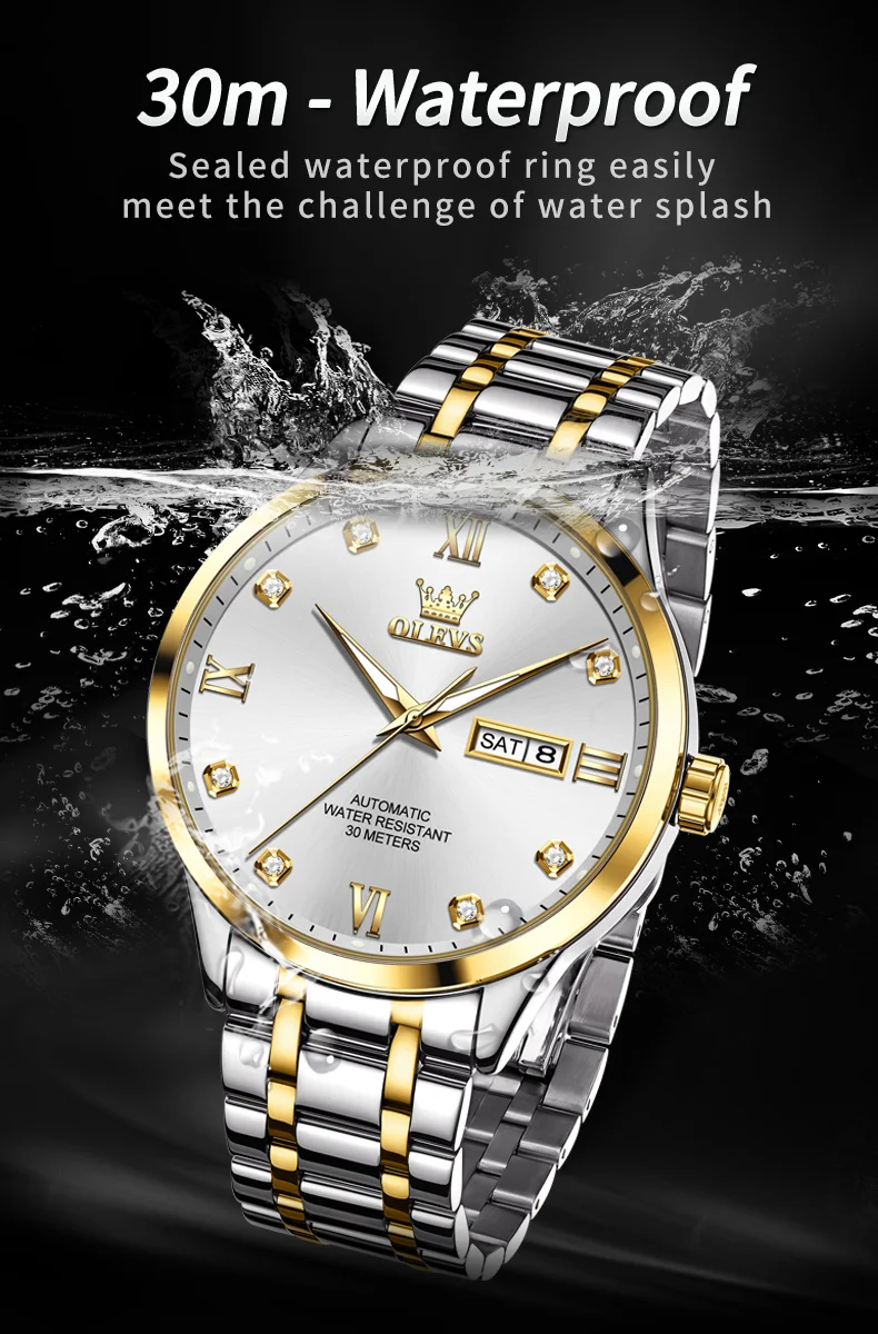 OLEVS 9946 Classic Stainless Steel Material Automatic Movement Dual Calendar Diamond Gold Dial Mechanical for Men Luminous Watch