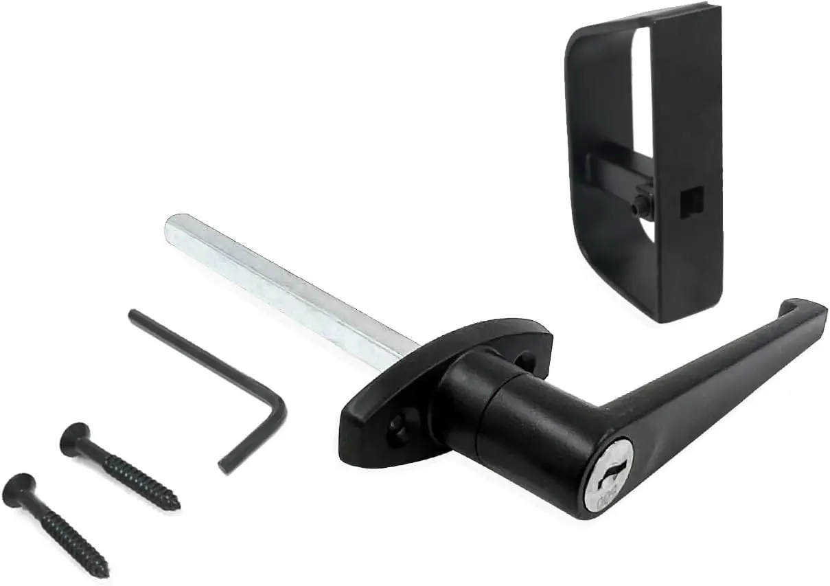 Wholesale L-Handle Black Zinc Alloy Gate Door Lock Kit Rust-Proof Shed Door Handle with Key Unlock Way details