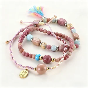 Boho Style Multi-layer Bracelet Set Women Natural Stone Beads with Braided Rope Tassel Gold-plated Charm Trendy Ethnic Jewelry