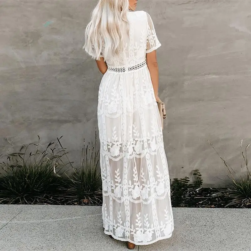 2022 Summer Boho Women Maxi Dress - Loose Embroidery White Lace 2022 Summer Boho Women Maxi Dress - Loose Embroidery White Lace