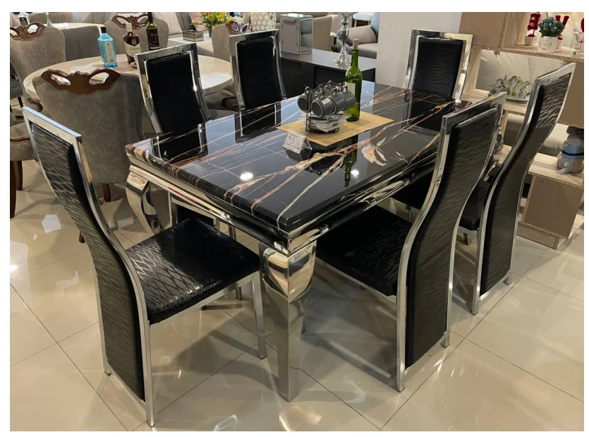 Modern Rectangle Marble Dining Table with Stainless Steel & Black PU ...
